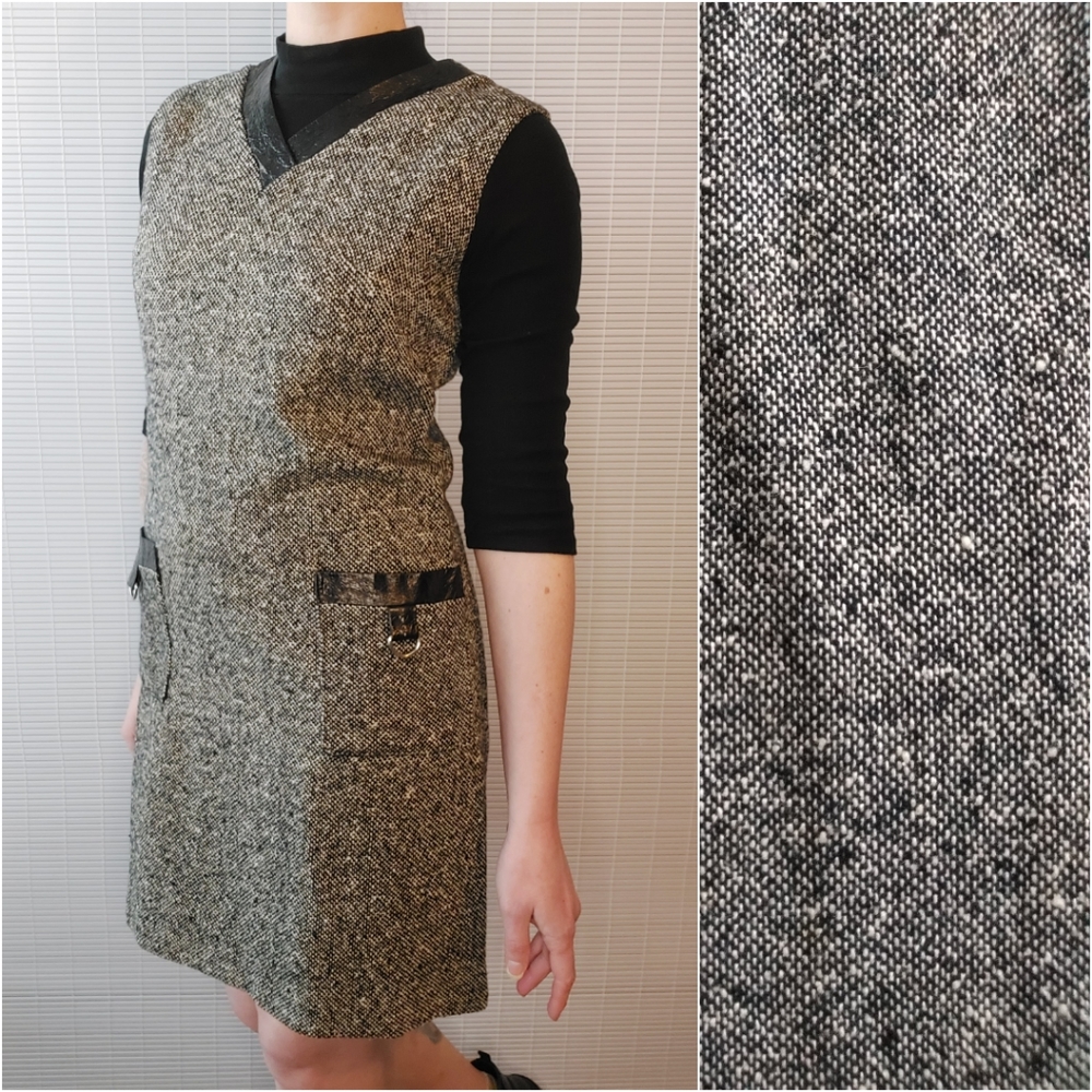 Vintage Tweed Shift Dress Large 60s 70s Black Tan Vneck Pockets